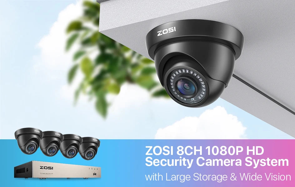 ZOSI 1080p 8CH Home CCTV Security System – H.265+ DVR with 2MP Indoor/Outdoor Dome Cameras
