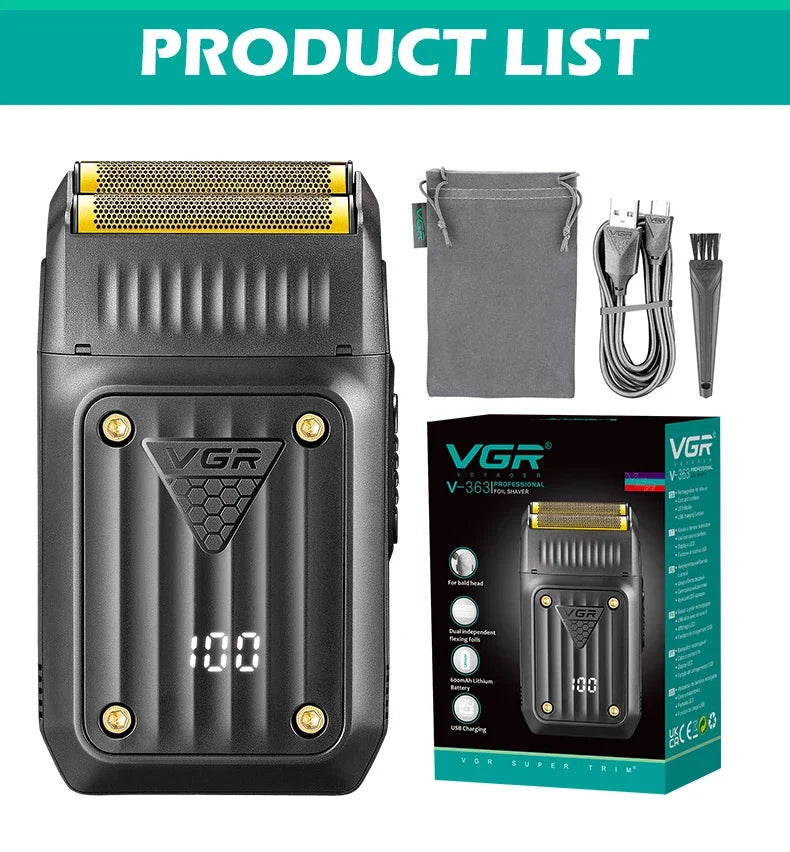 VGR Shaver Electric Razor Professional Beard Trimmer Rechargeable Razor Digital Display Razor Reciprocating Shaver for Man V-363