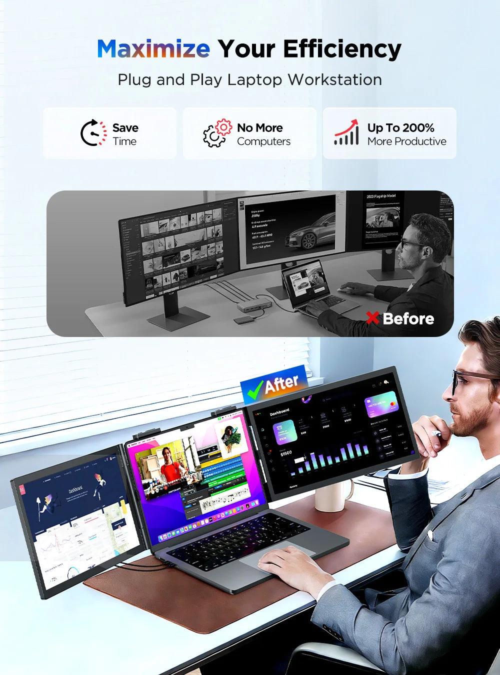 UPERFECT UFree Z14 FHD Wireless Laptop Monitor Extender Triple Screen Display for Laptop, Phone, PS5, Xbox, Switch - Limetastore