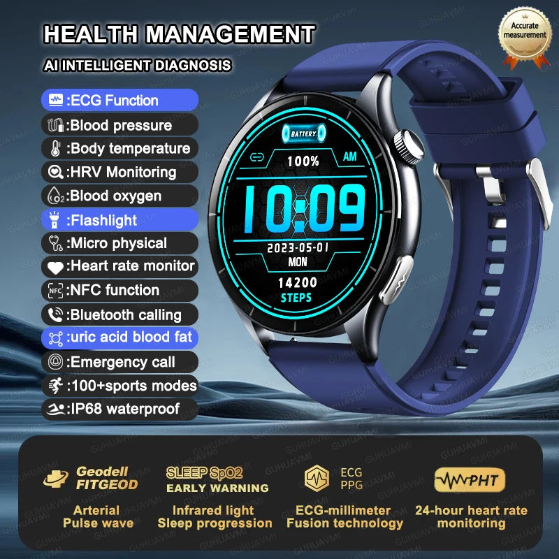 2025 New BMI Body Fat Blood Analysis Health Smartwatch NFC Bluetooth Call Smart Watch Led Flashlight Outdoor Sports Clock's Men - Limetastore