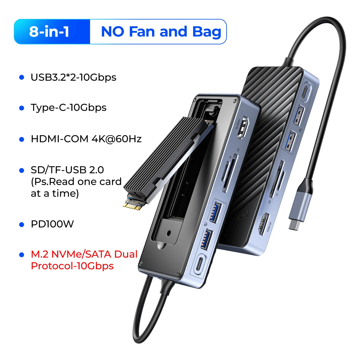ORICO USB‑C Hub with Cooling Fan, M.2 NVMe/SATA SSD Enclosure