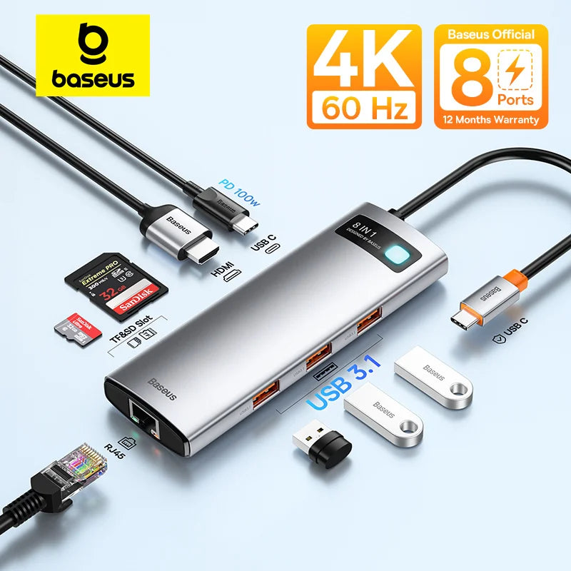 Baseus USB‑C Hub | HDMI 4K, USB 3.1 10Gbps, RJ45 Ethernet, SD/TF Docking Station for MacBook