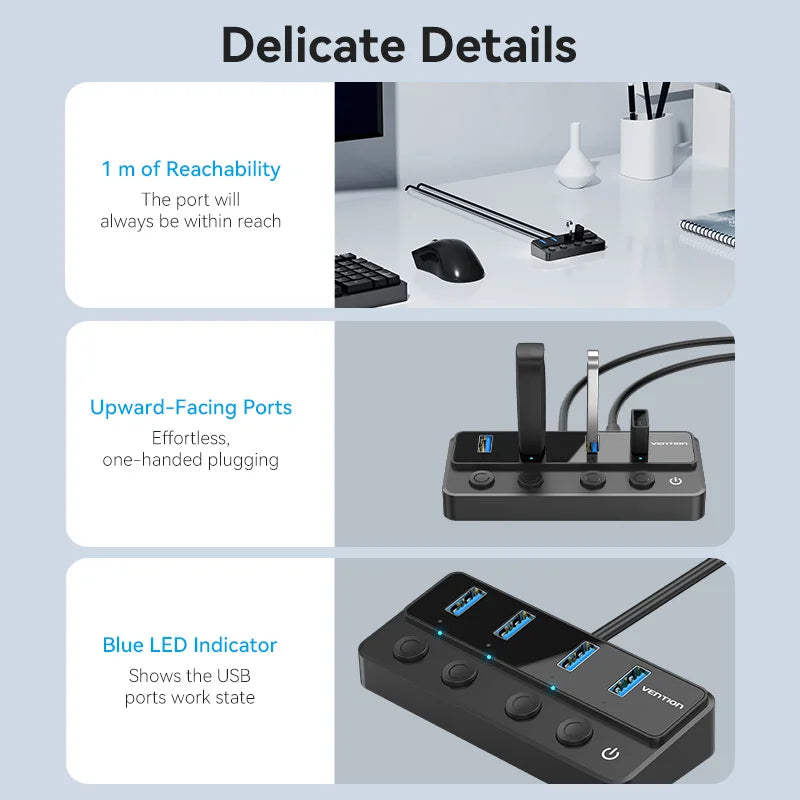 Vention USB 3.0 HUB with Individual Switches | 5Gbps High‑Speed USB‑A Port Extender