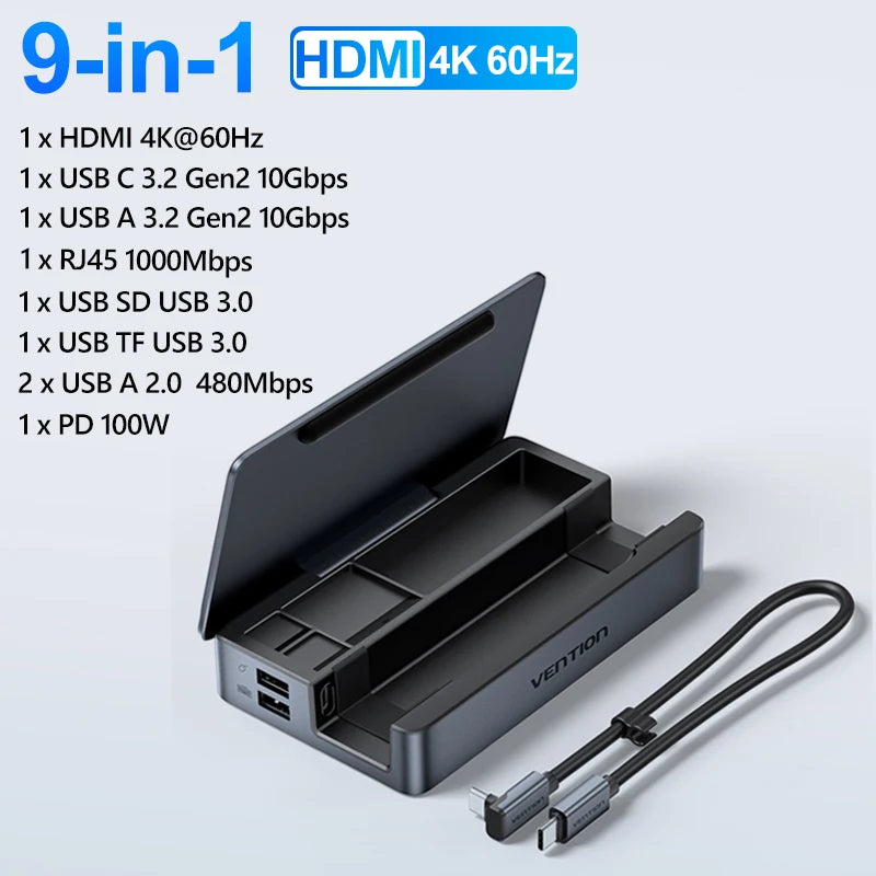 Vention USB-C priklopna postaja za Steam Deck | HDMI 4K pri 60Hz, USB 3.2 10Gbps, RJ45, SD/TF, igralno zvezdišče za več naprav