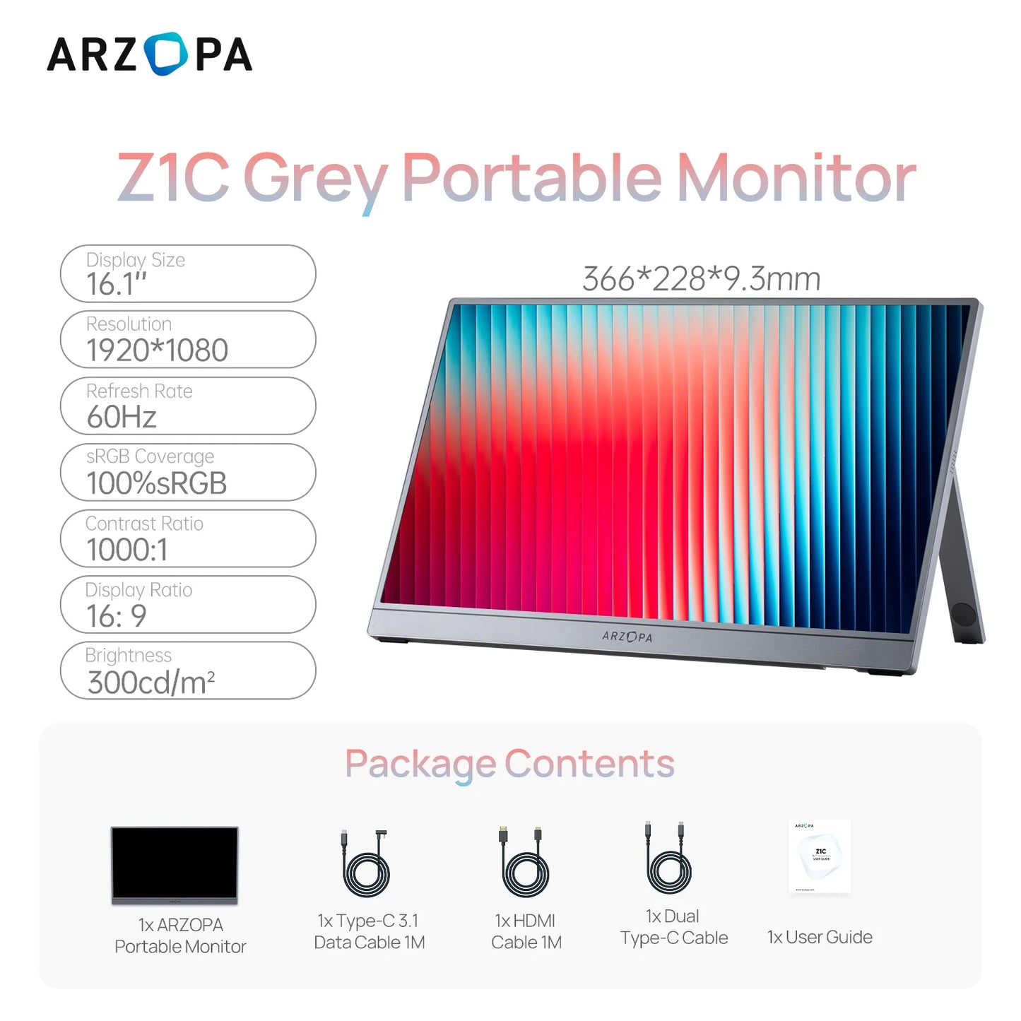 ARZOPA Z1C 16.1" Portable Monitor | 1080P FHD, 100% sRGB, IPS, USB‑C & HDMI