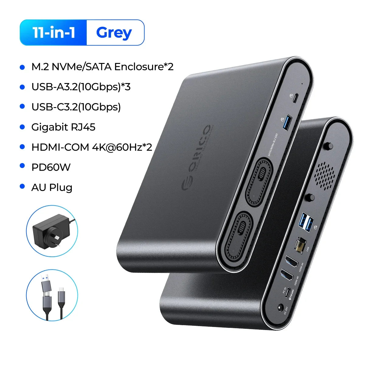 ORICO USB‑C Triple Display Docking Station with Dual M.2 NVMe/SATA SSD Enclosures