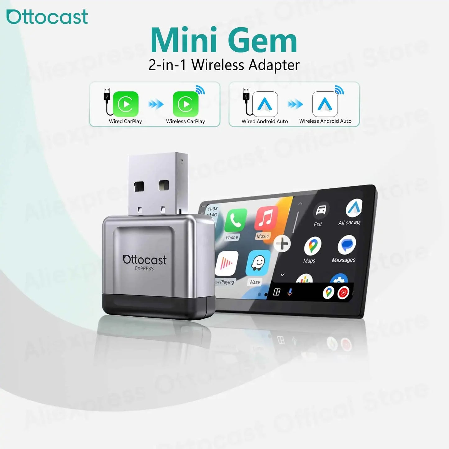 OTTOCAST Mini Gem 3.0 Wireless CarPlay & Android Auto Adapter