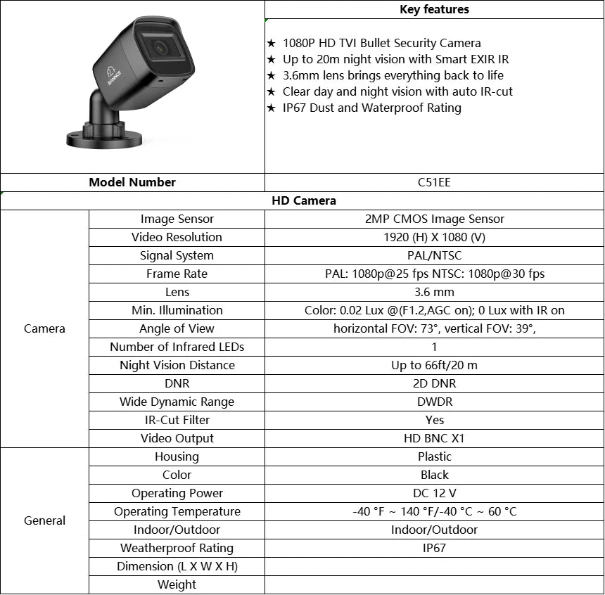 SANNCE 1080P 2MP CCTV Camera | IR‑Cut Night Vision, Audio Recording, Waterproof Housing (White)