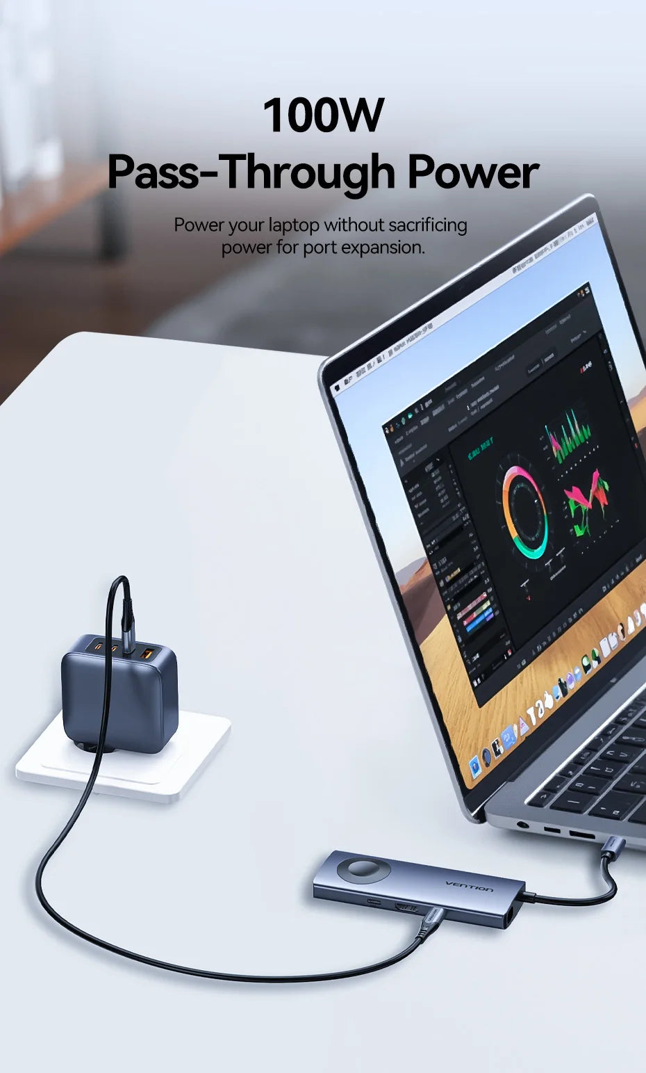 Vention USB‑C 6‑in‑1 Hub | 4K60Hz HDMI, PD 100W, USB 3.0, Apple Watch Wireless Charger