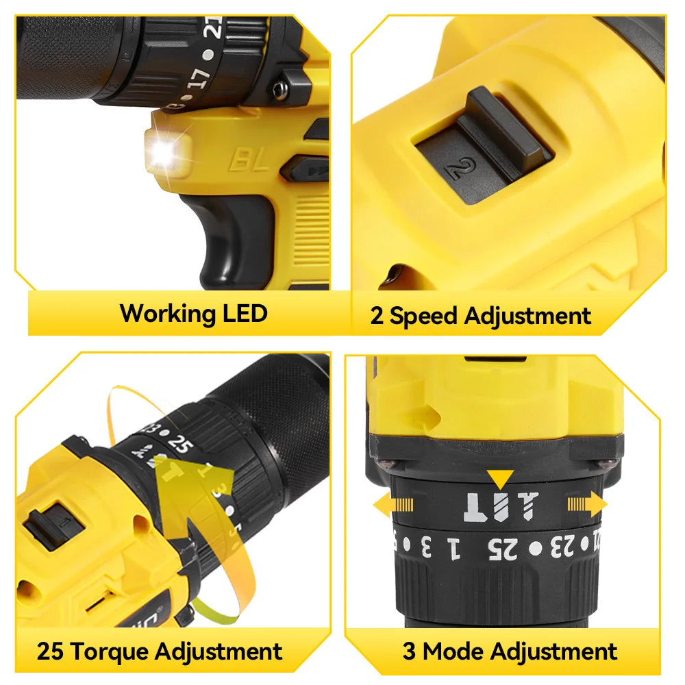 MELLWIN 480N.m Brushless Electric Impact Drill Set 3 IN 1 Cordless Multipurpose Screwdriver Tool Set For Makita 18V Battery Pin - Limetastore
