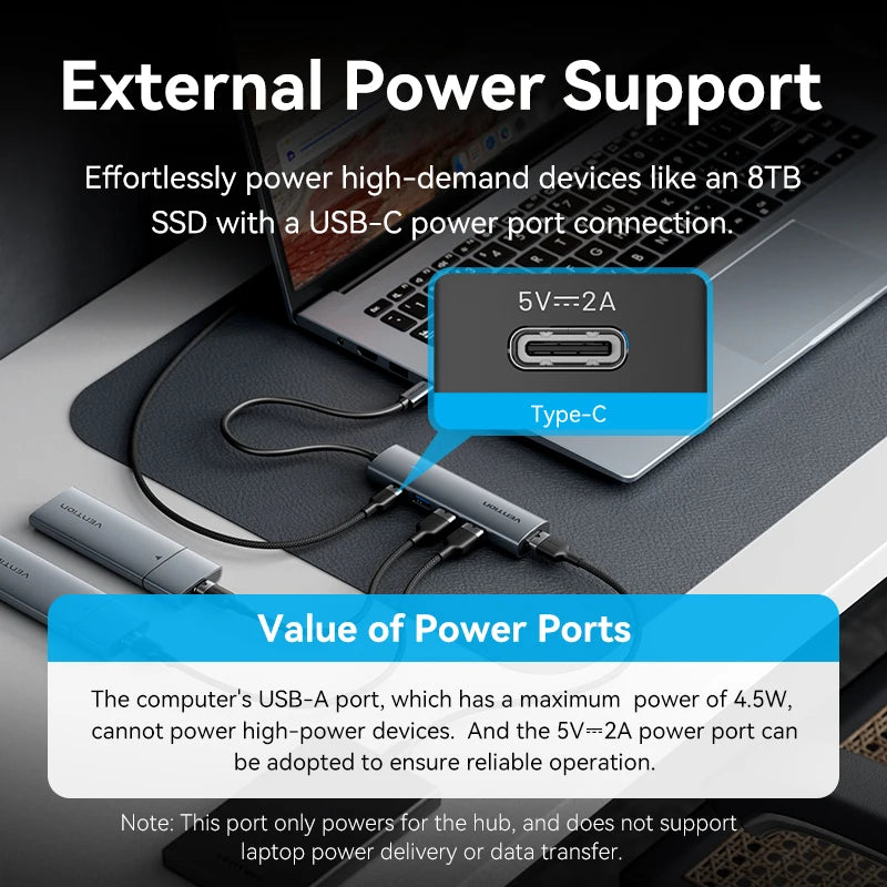 Vention USB‑C to USB‑A 4‑Port Hub | High‑Speed USB 3.0 Splitter for MacBook & Laptops
