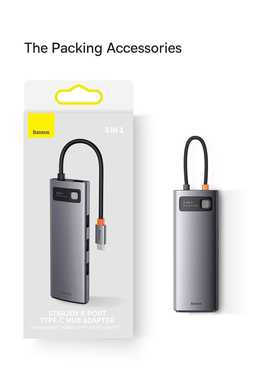 Baseus USB‑C Hub | HDMI 4K, USB 3.1 10Gbps, RJ45 Ethernet, SD/TF Docking Station for MacBook