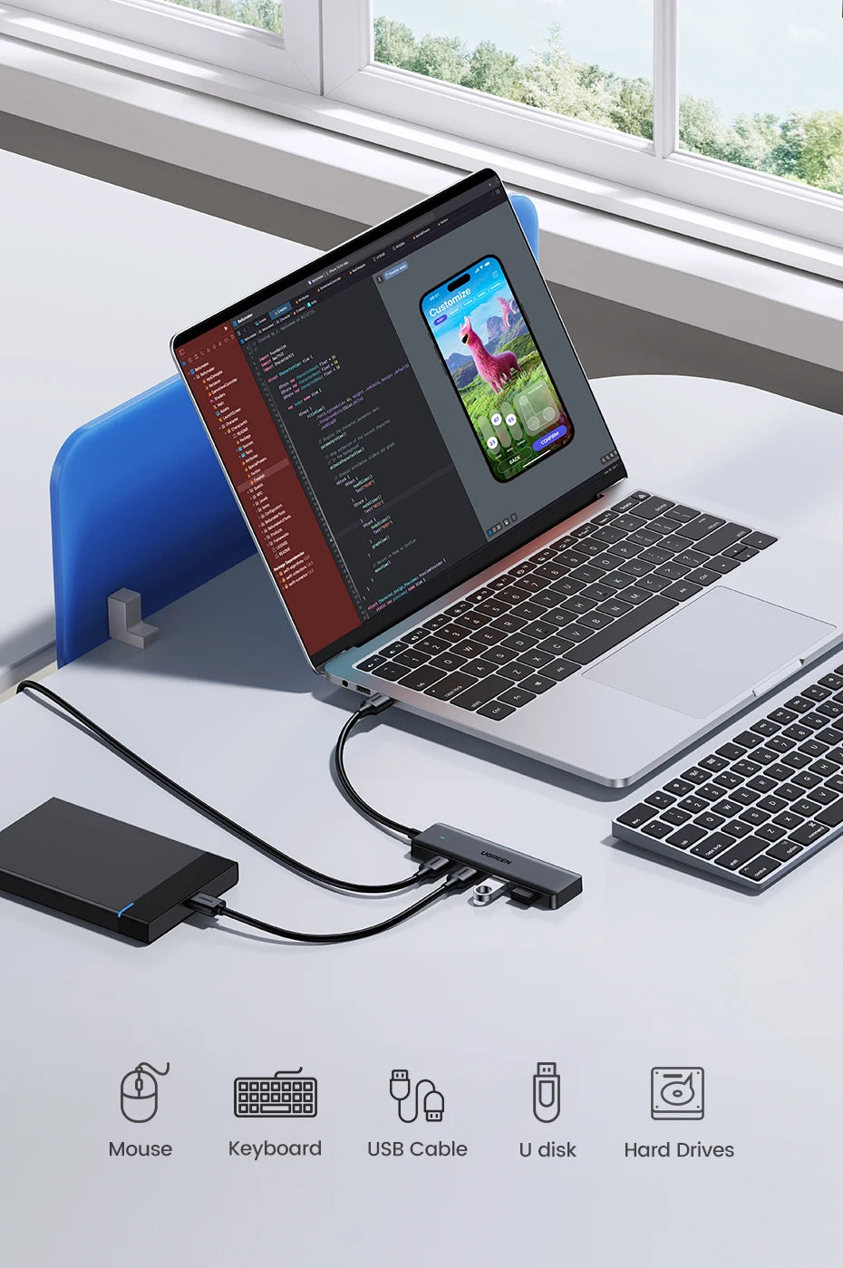 UGREEN 4‑Port USB 3.0 Hub Slim with 5Gbps Data Transfer – USB Expansion Splitter