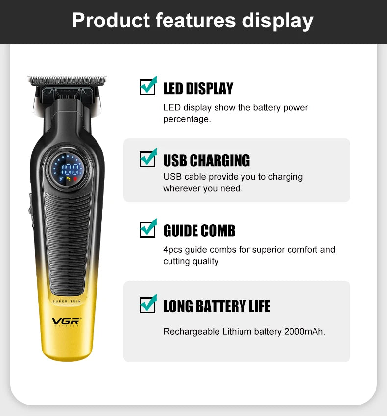 VGR Hair Cutting Machine Cordless Trimmer Electric Hair Clipper Rechargeable Haircut Barber Professional Trimmer for Men V-996
