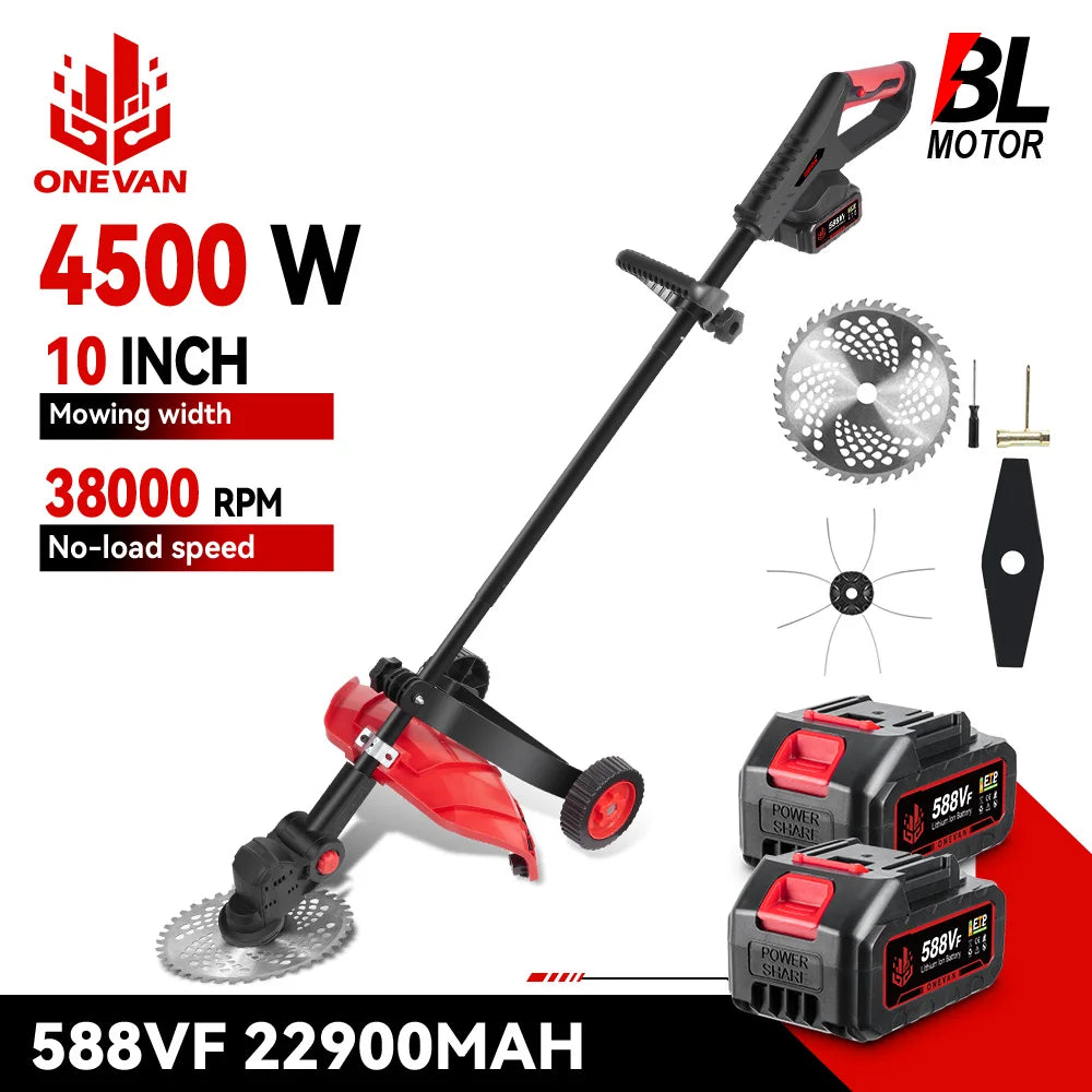 ONEVAN 10Inch Brushless Electric Lawn Mower 38000RPM Cordless 45° Grass Trimmer Garden Power Tool For Makita 18V Battery Pin