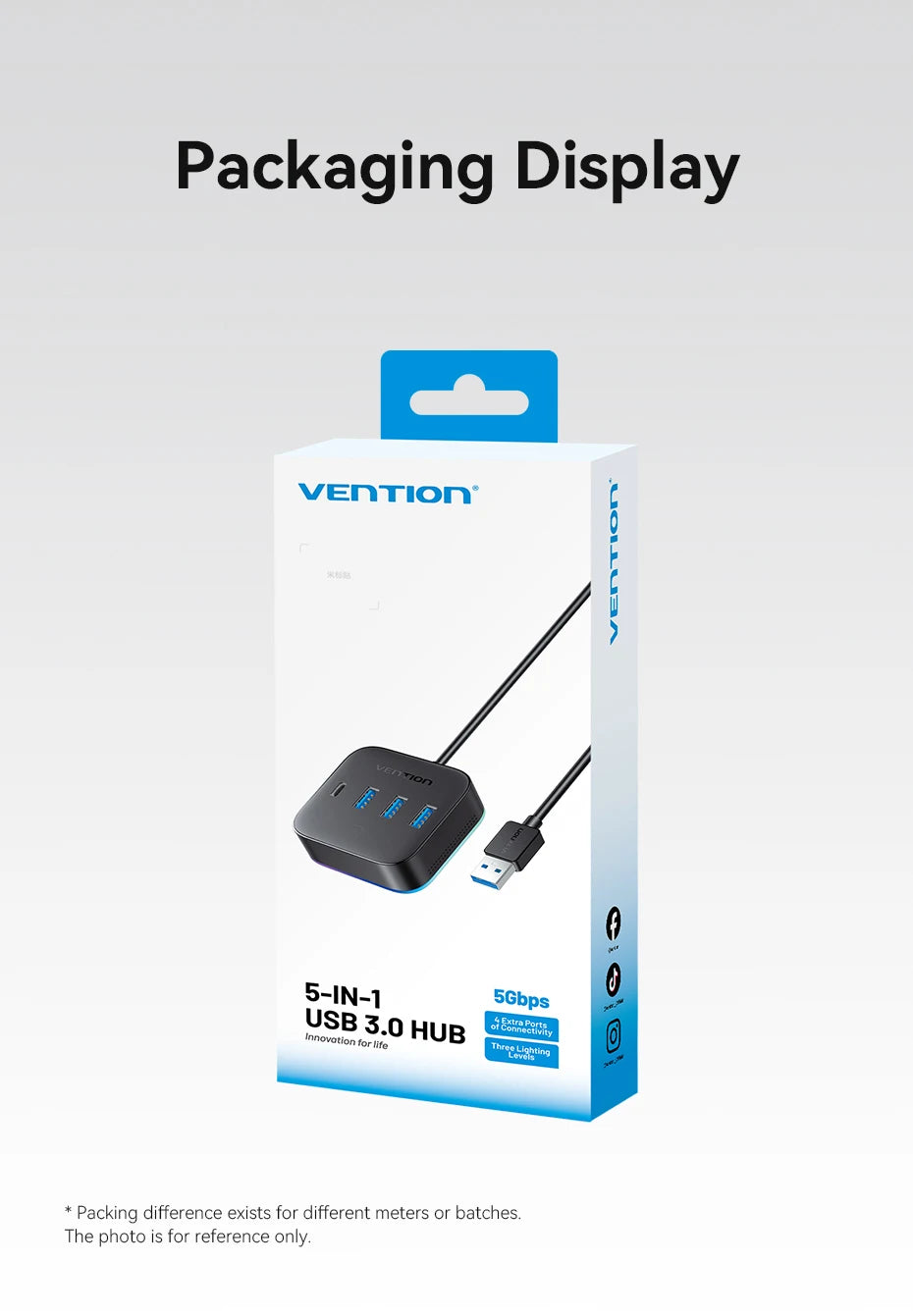 Vention USB 3.0 / USB‑C 3.2 Gen1 RGB Hub | 4‑Port 5Gbps Desktop Splitter for PC & Laptop