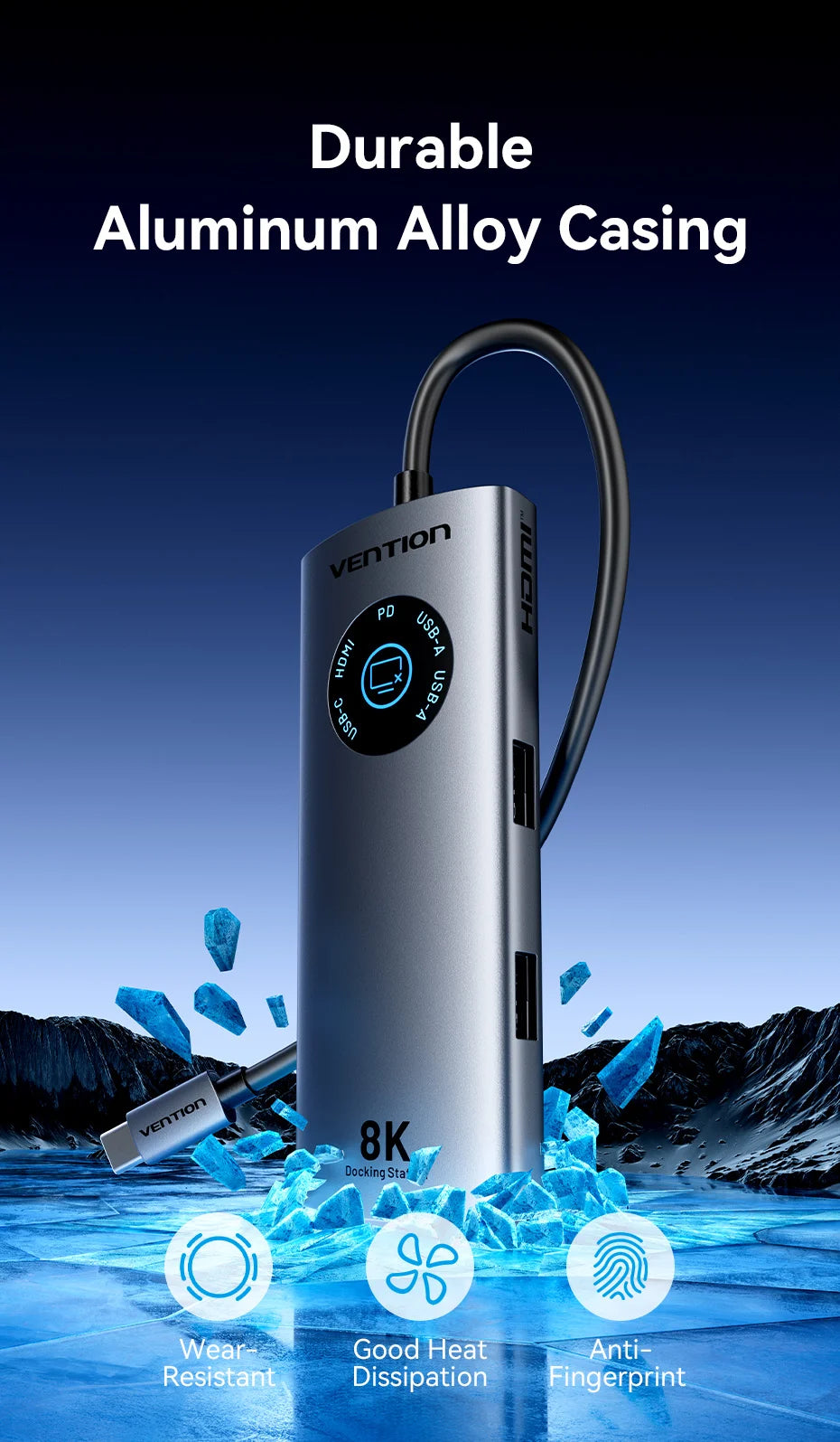 Vention USB‑C 8K/4K HDMI Hub | LED Display, USB‑A/C 3.0, 3.2 Gen1, Gigabit Ethernet Adapter