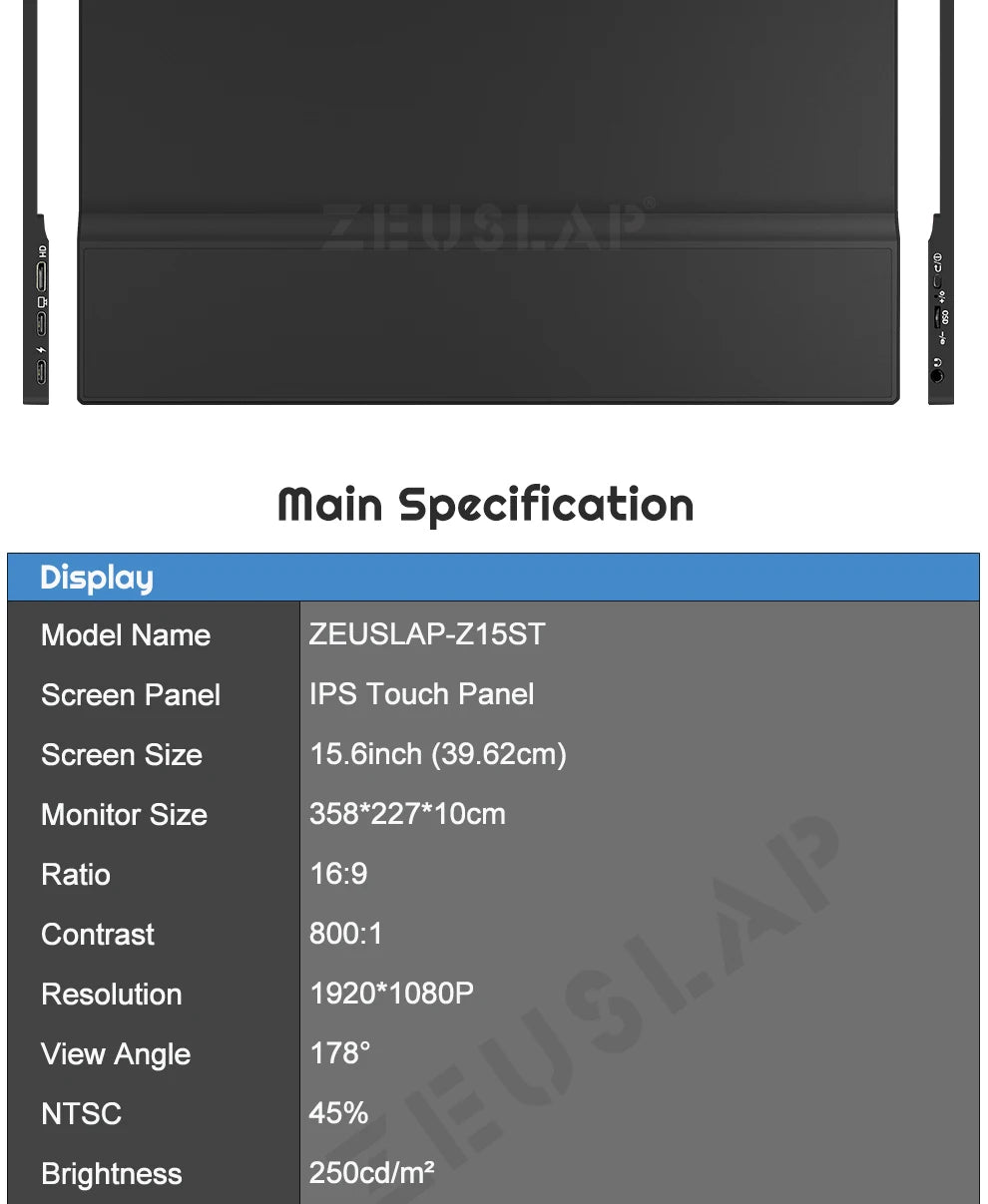 ZEUSLAP 15.6" Portable Touch Monitor | FHD 1080P IPS, USB‑C & HDMI, Laptop & Phone