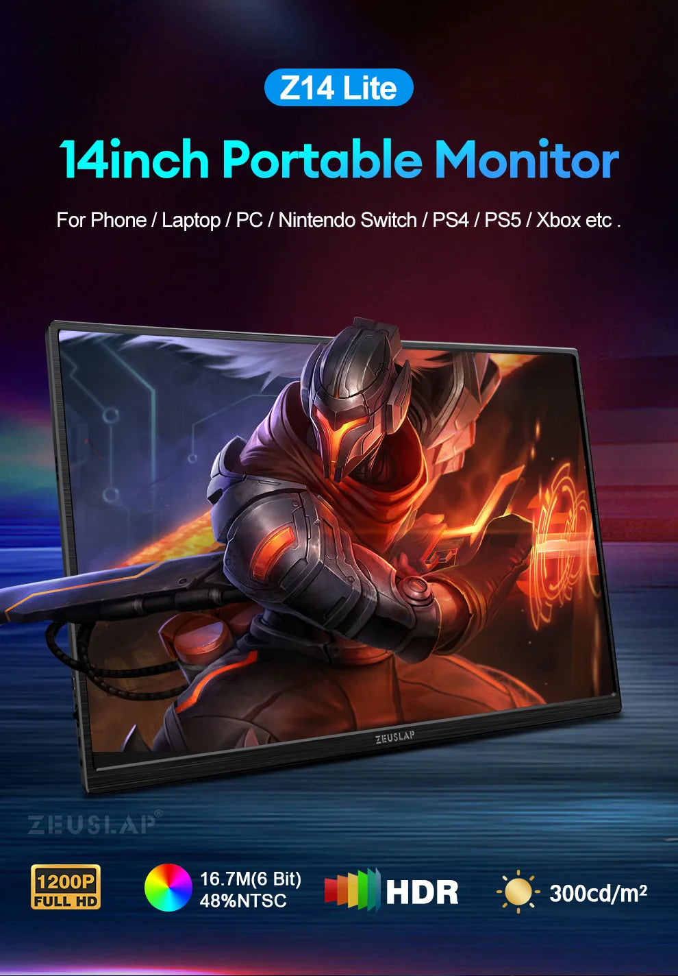 ZEUSLAP 14" Portable Monitor | 1920×1200 WUXGA, 16:10, 100% sRGB, 300 nits