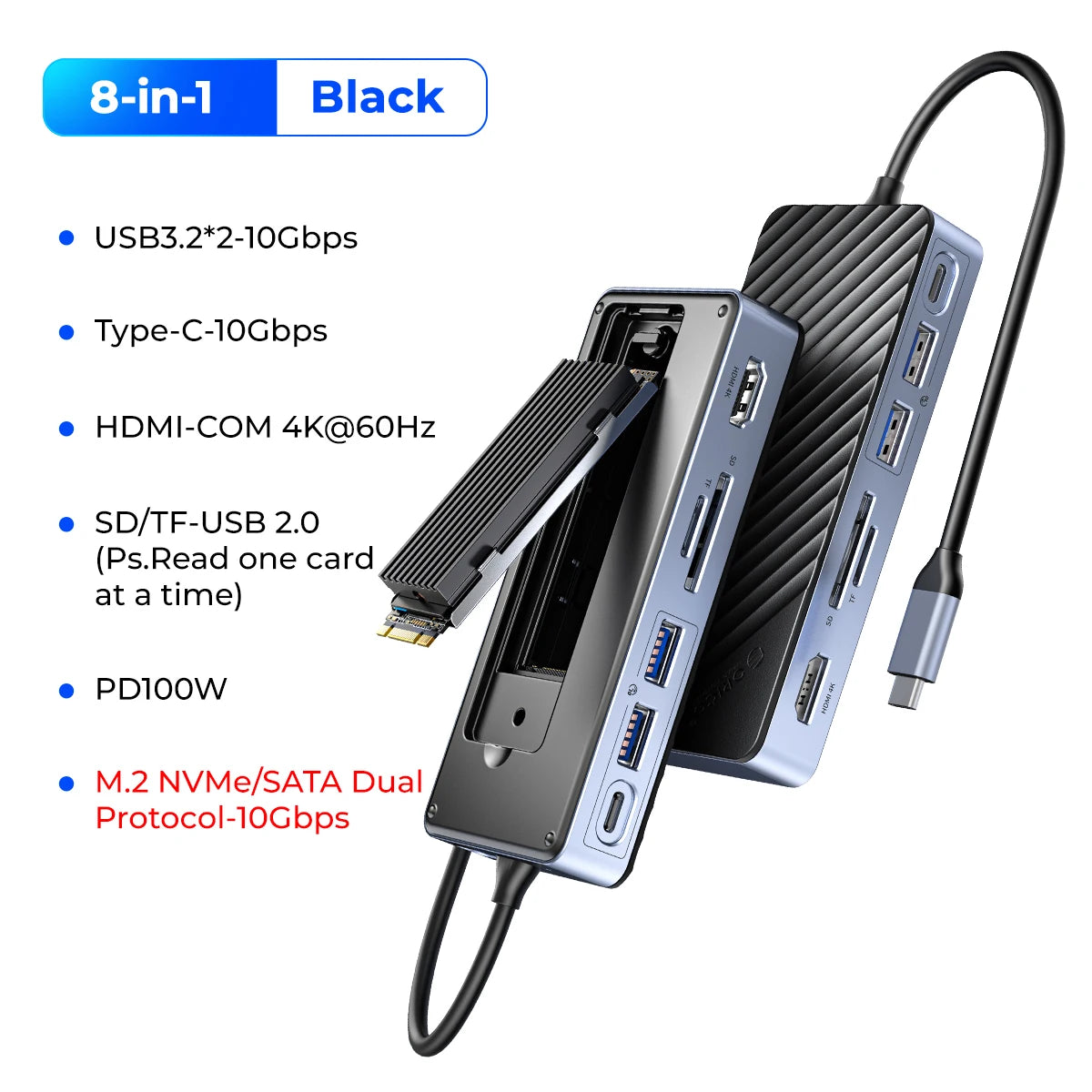 ORICO USB‑C Docking Station with M.2 NVMe/SATA SSD Enclosure (10Gbps), Cooling Fan