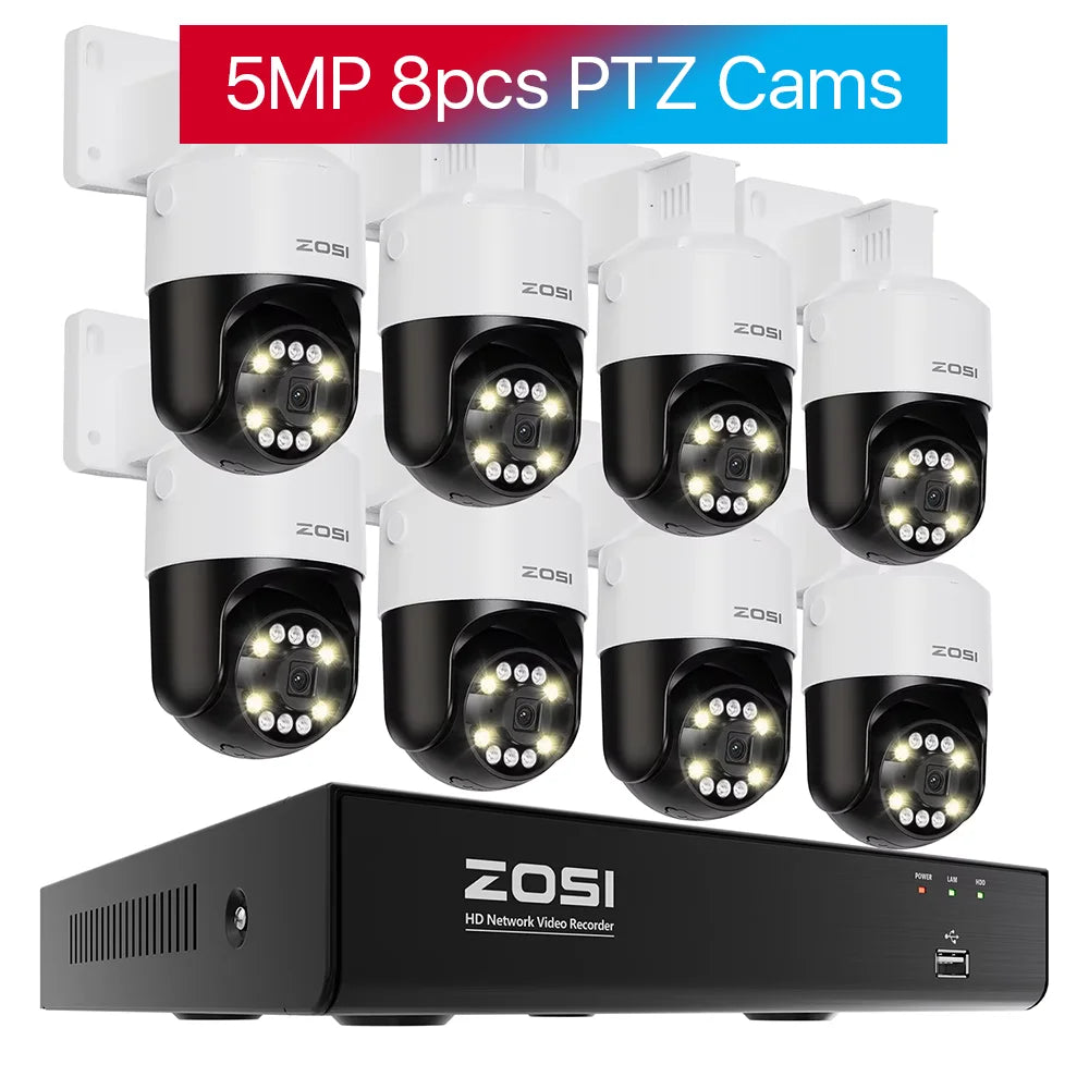 ZOSI 5MP PTZ PoE Security Camera System – 8CH 8MP NVR Kit with Two‑Way Audio | AI Face Detection