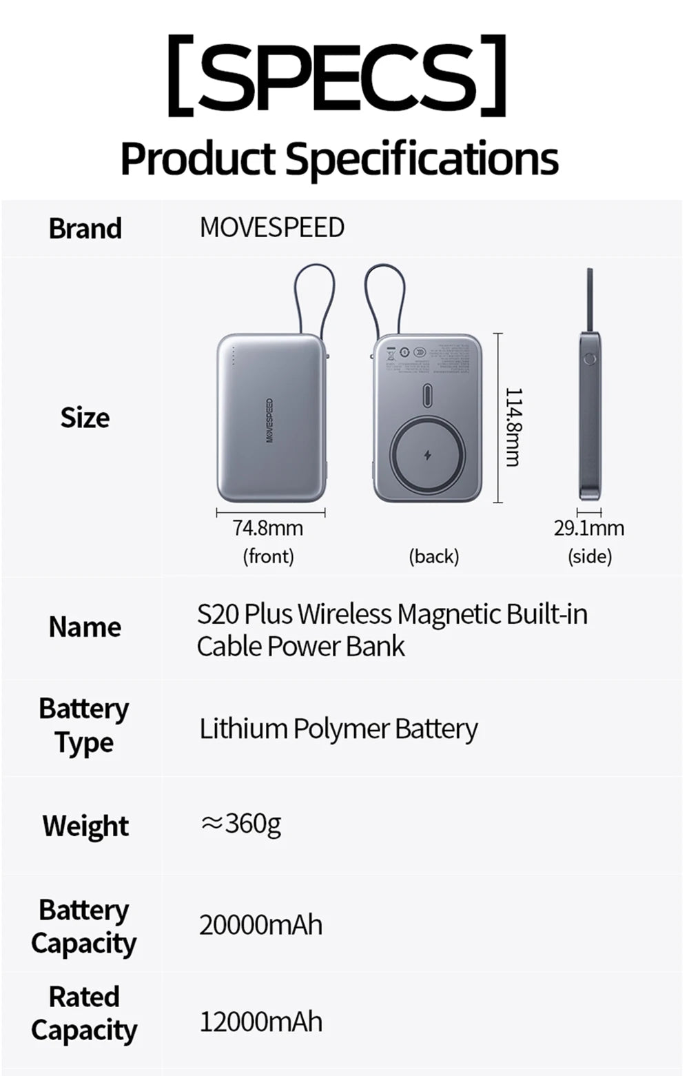 MOVESPEED S20Plus 20000mAh Magnetic Power Bank MagSafe