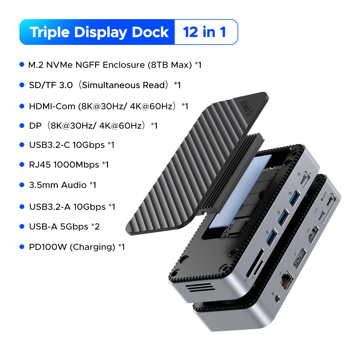 ORICO 10Gbps USB‑C Display Hub with M.2 NVMe/SATA SSD Enclosure, Cooling Fan, 4K60Hz HDMI