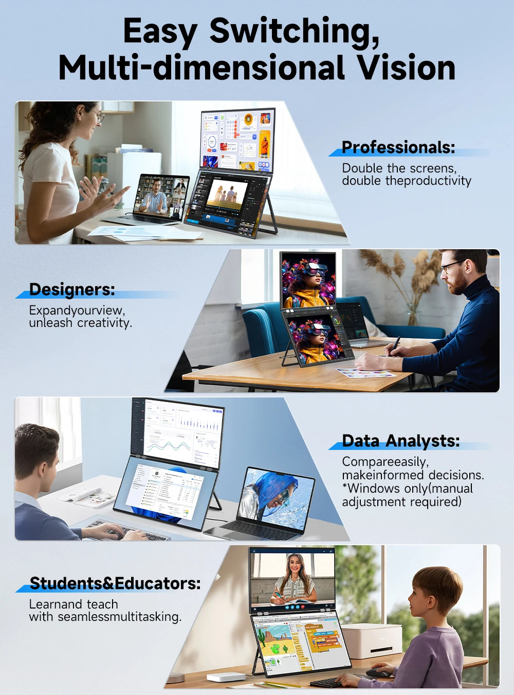 UPERFECT Delta Mega 23.8" Dual Screen Computer Monitor with 100Hz Refresh Rate and Built-in Speakers for Laptop, Desktop PC, MAC, and Phone Extended Play - Limetastore