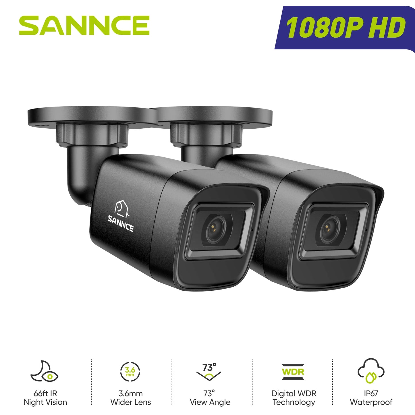 SANNCE 1080P 2MP CCTV Camera | IR‑Cut Night Vision, Audio Recording, Waterproof Housing (White)