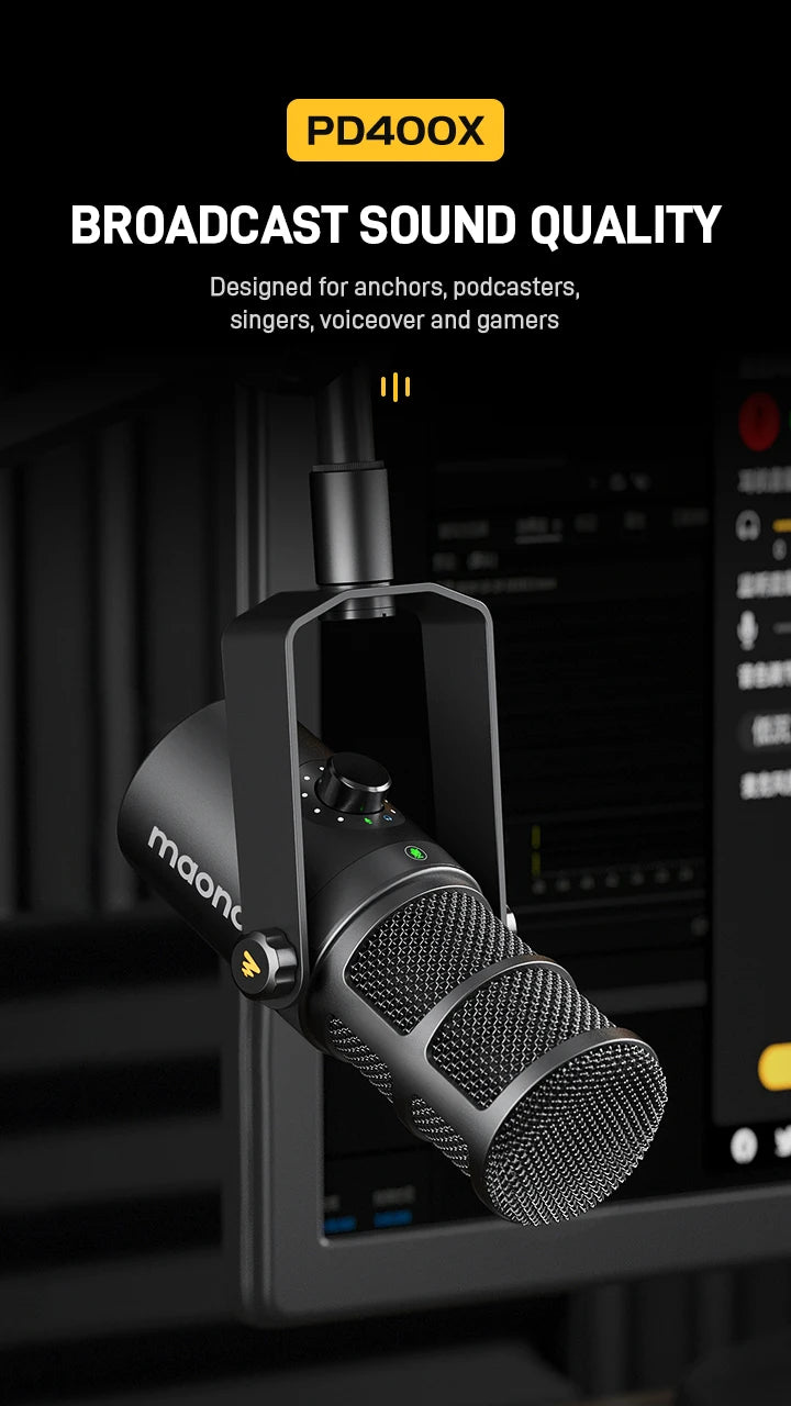 Maono PD400X – XLR/USB Dynamic Microphone | All‑Metal Podcast & Streaming Mic with One‑Touch Mute, Gain Control & Headphone Monitoring