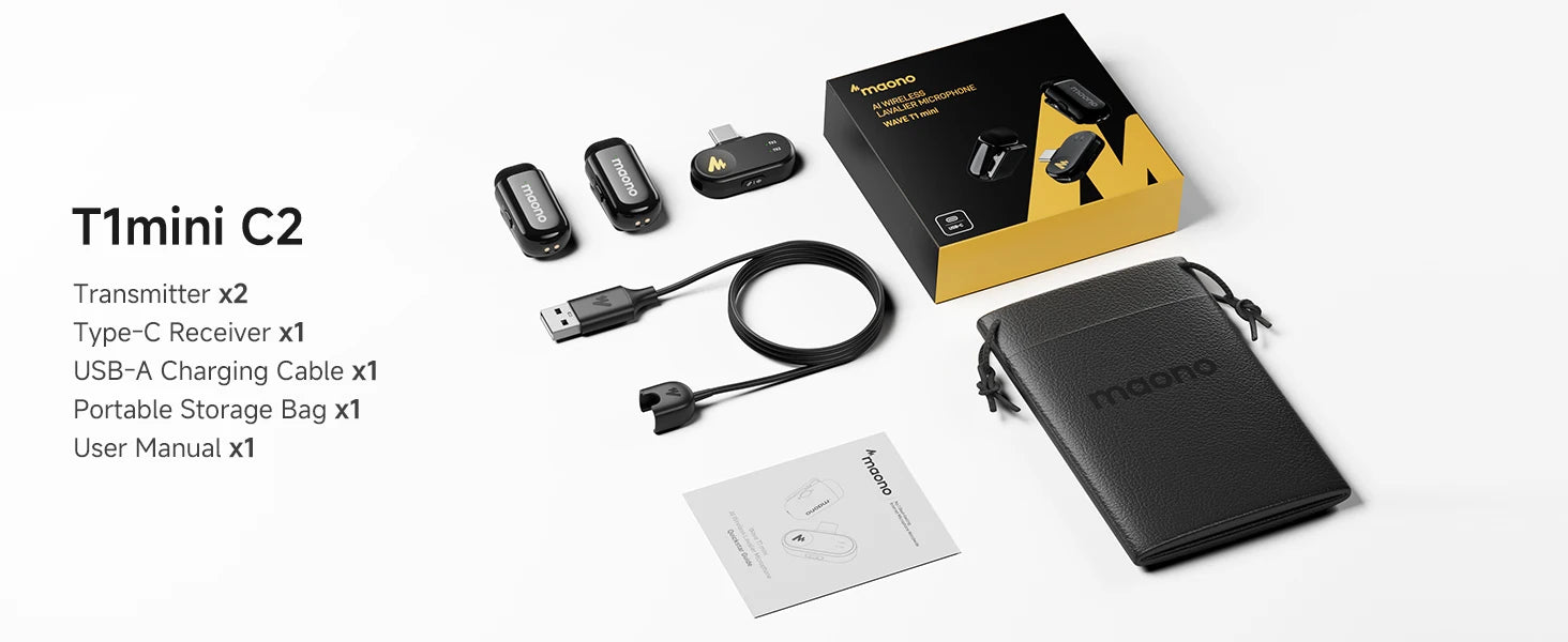 Maono T1mini – Wireless Lapel Microphone for Phones | Noise‑Cancellation, Auto‑Clipping & App Control for Professional Audio/Video Recording