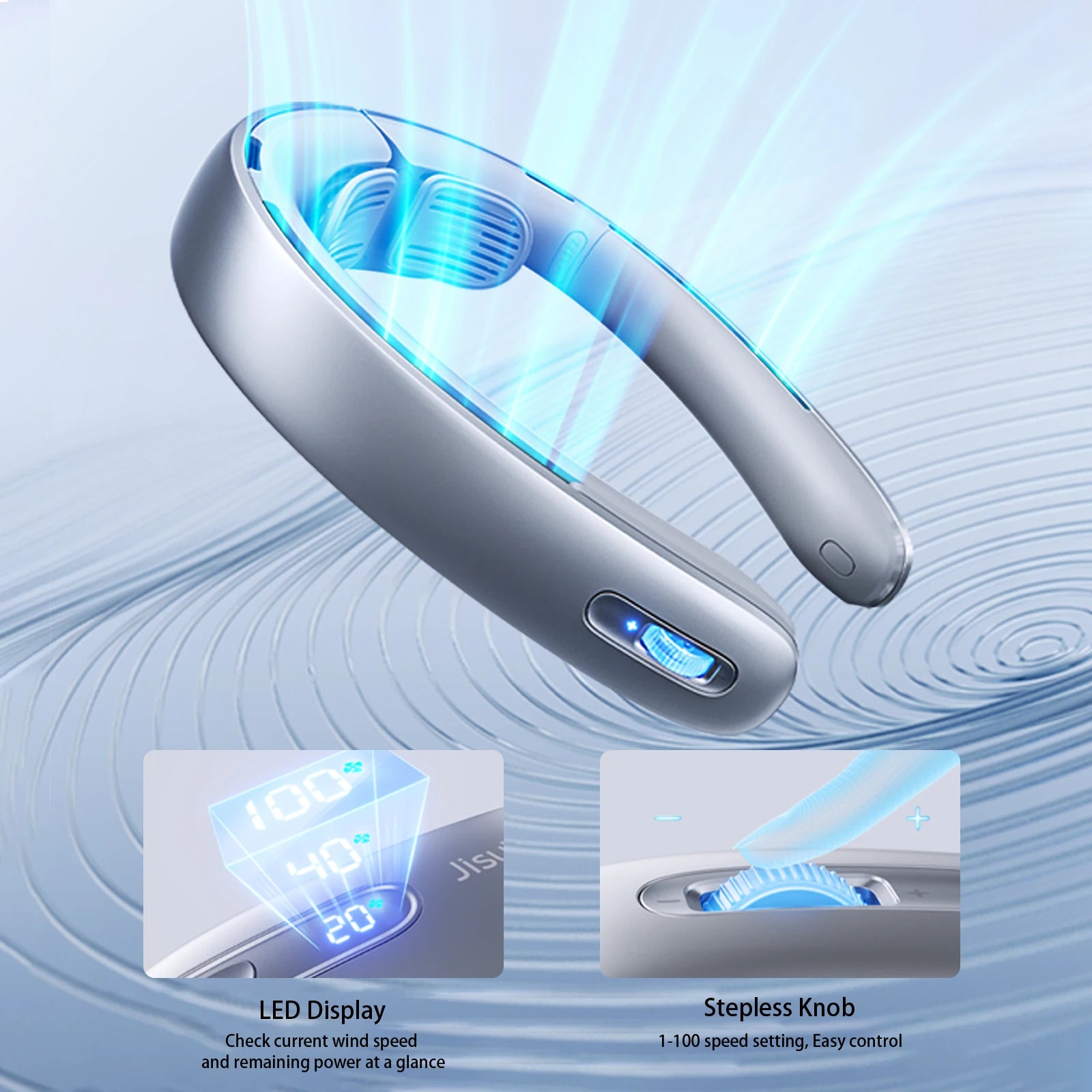 JISULIFE 100-Speed Portable Neck Fan – 5000mAh Battery, 17H Max Runtime, Stepless Speed