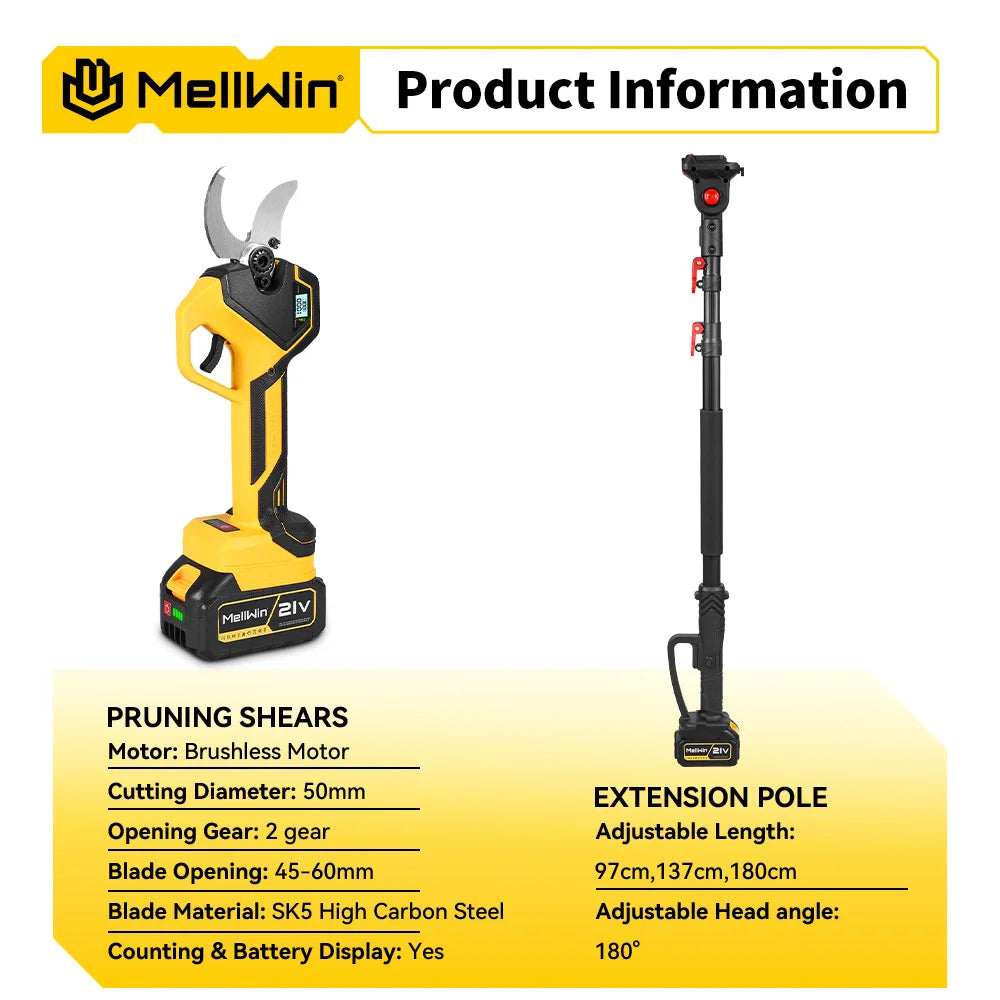 MELLWIN Brushless 50MM Electric Pruner Shear With 180CM Telescoping Pole Garden Pole Pruner Shear Tool For Makita 18VBattery Pin - Limetastore