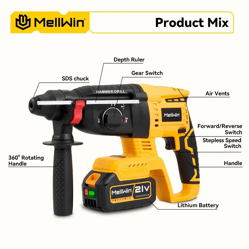 MELLWIN 26MM Brushless Electric Hammer Drill Cordless Household Rotary Impact Hammer Power Tool For Makita 18V Battery Pin - Limetastore