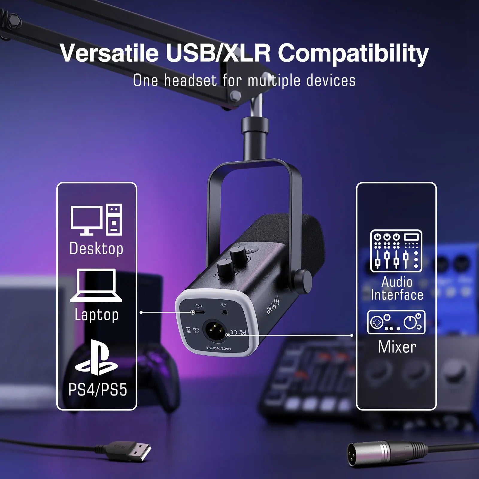 FIFINE AmpliGame AM8T USB/XLR Dynamic Mic Kit with Boom Arm & RGB