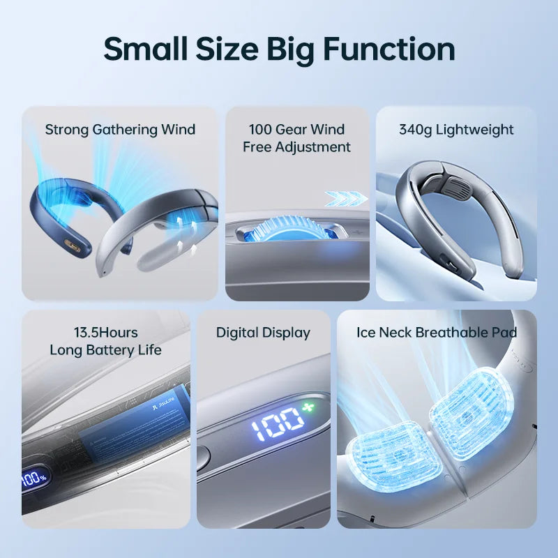 JISULIFE 100-Speed Portable Neck Fan – 5000mAh Battery, 17H Max Runtime, Stepless Speed