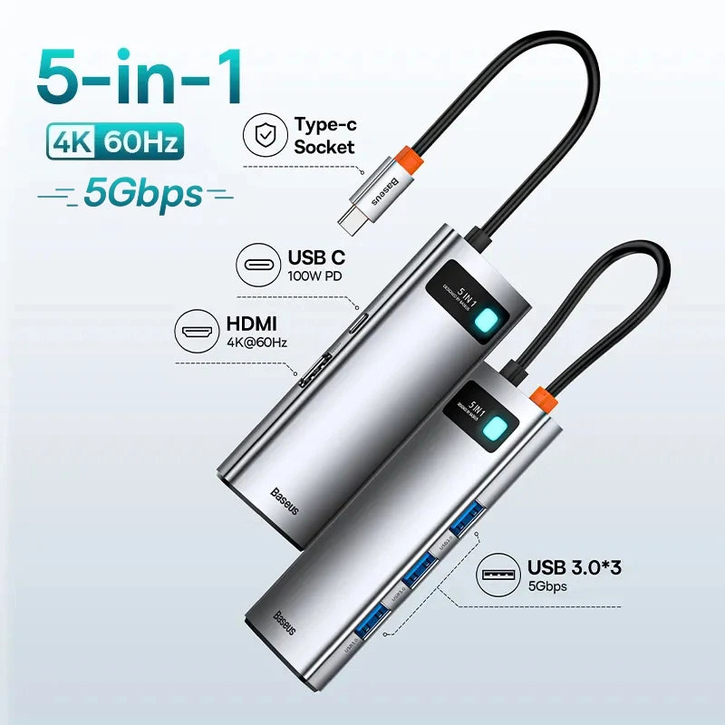 Baseus USB‑C Hub | HDMI 4K, USB 3.1 10Gbps, RJ45 Ethernet, SD/TF Docking Station for MacBook