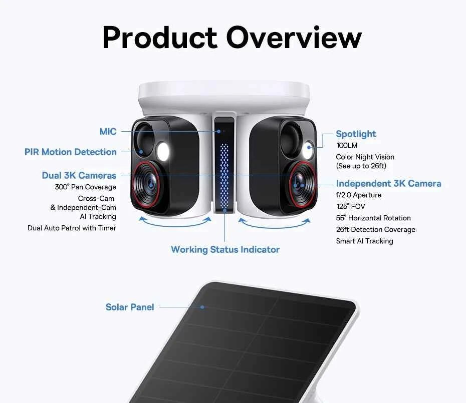 Baseus Security X1 Pro Outdoor Dual Camera Wireless 3K Camera Solar Panel Face Recognition Smart AI Tracking Security Camera - Limetastore