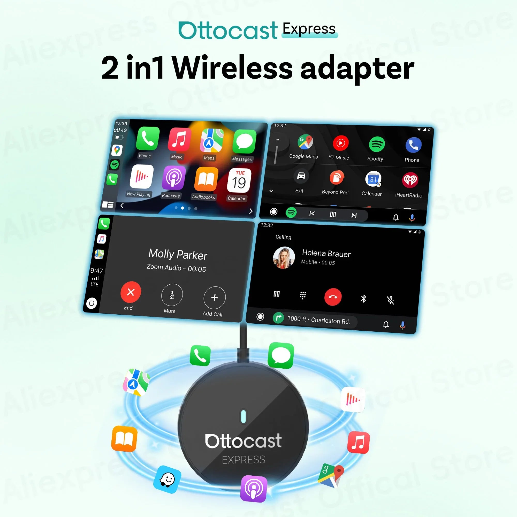 OTTOCAST Express 2‑in‑1 Wireless CarPlay & Android Auto Adapter