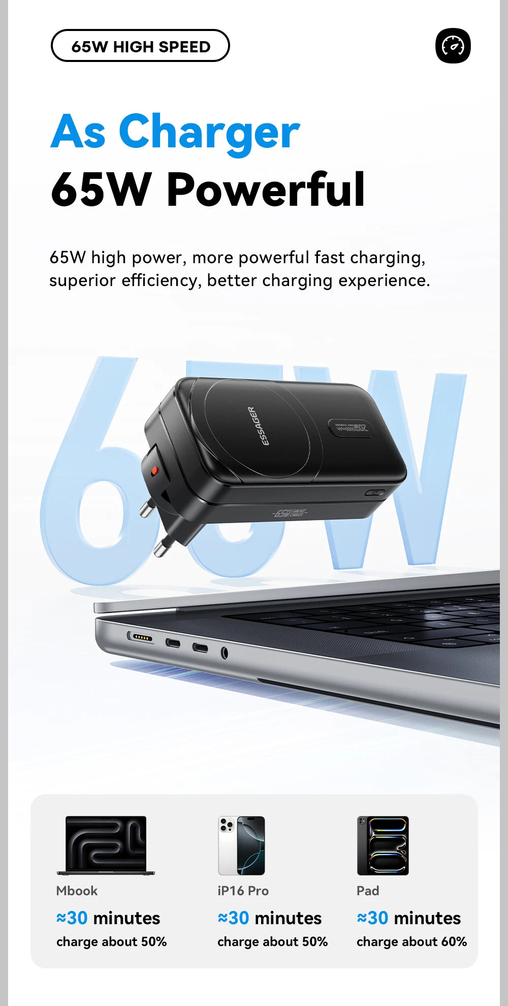 ESSAGER 3-in-1 Magnetic 65W GaN Charger Power Bank 5000mAh