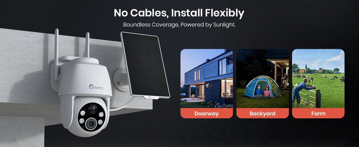 Camstro 2K Solar PTZ Camera | Color Night Vision, 4× Optical Zoom, Two‑Way Audio, 2.4G WiFi