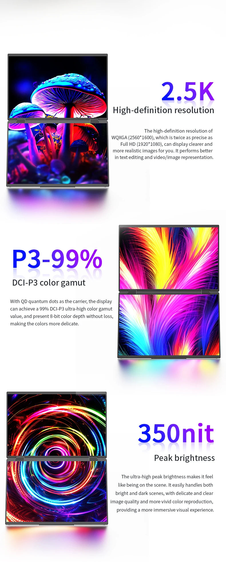 Sibolan 16 inch 2.5K Dual Screen Portable Monitor Laptop Foldable Extender 2560x1600P 60Hz USB-C HDMI Port For Gaming & Mac, Win - Limetastore