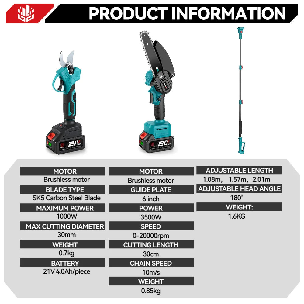 ONEVAN 4‑in‑1 Brushless Telescoping Pole Chainsaw | 3500W High‑Branch Pruner