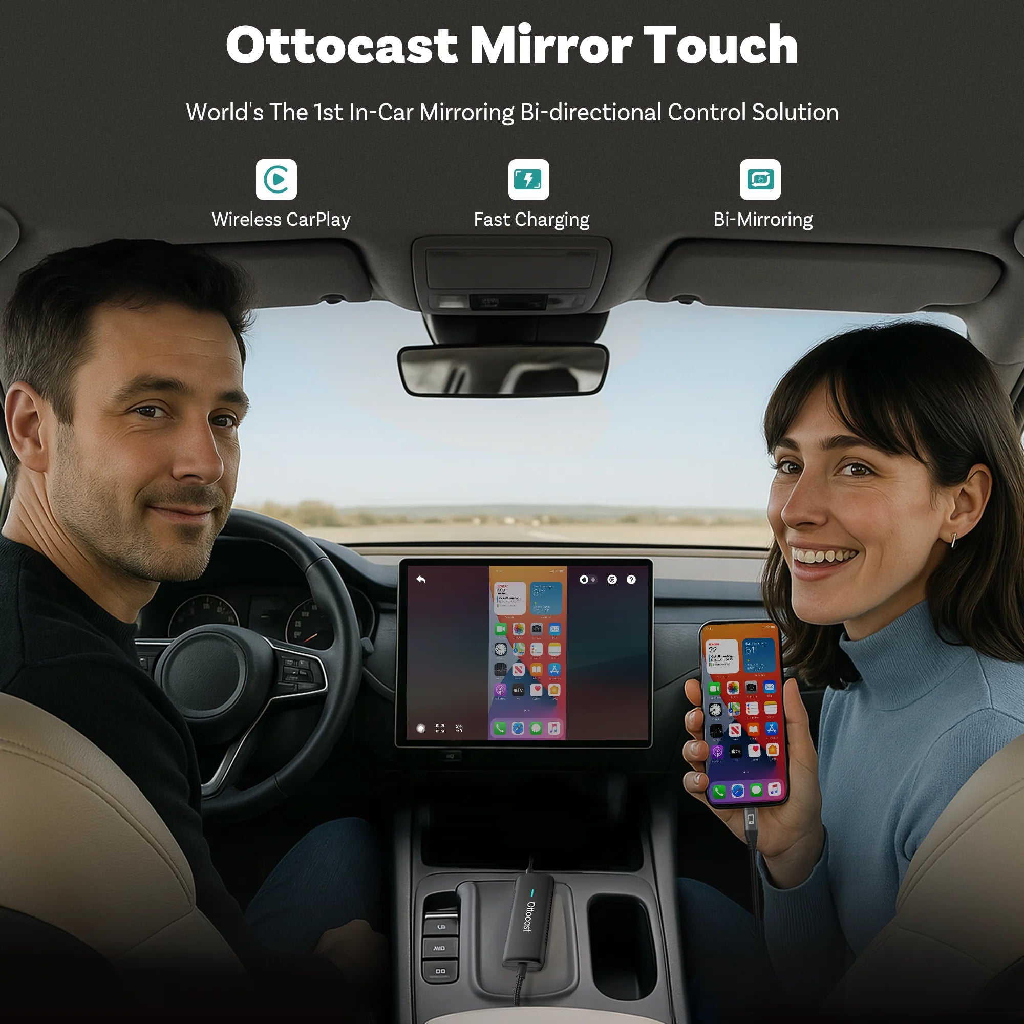 OTTOCAST Mirror Touch Bi‑Mirroring & Wireless CarPlay Adapter