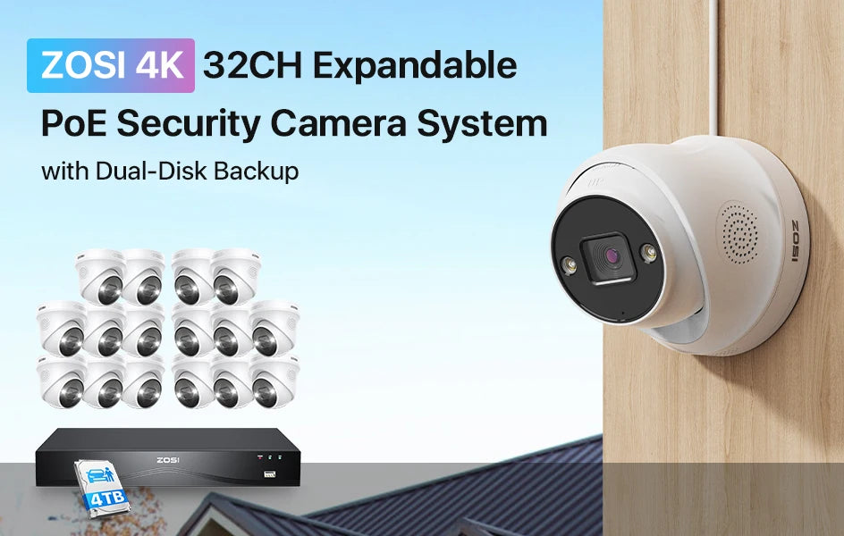ZOSI 4K 8MP PoE Security Camera System – 32CH Dual‑Disk NVR with 4TB Storage | AI Detection