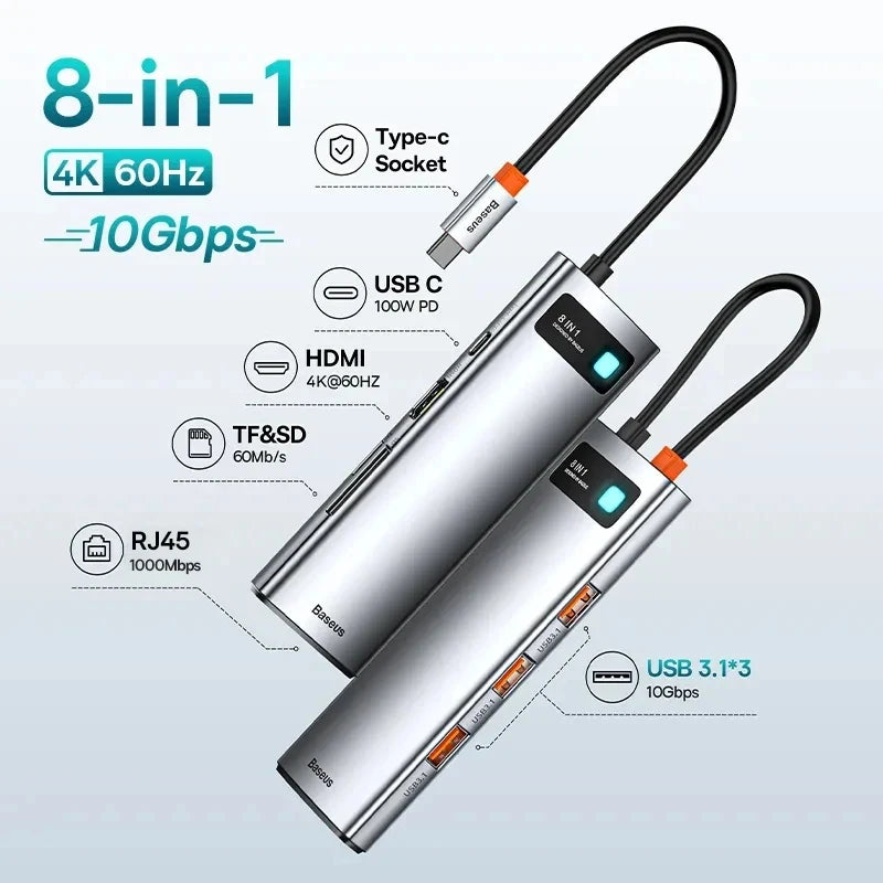 Baseus USB‑C Hub | HDMI 4K, USB 3.1 10Gbps, RJ45 Ethernet, SD/TF Docking Station for MacBook