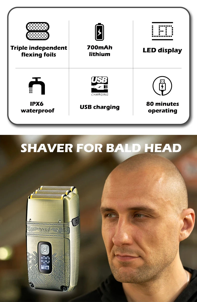 VGR Electric Shaver Professional Shaver Metal Beard Trimmer Titanium Blade Triple Foil Shaver for Bald Head LED Display V-335
