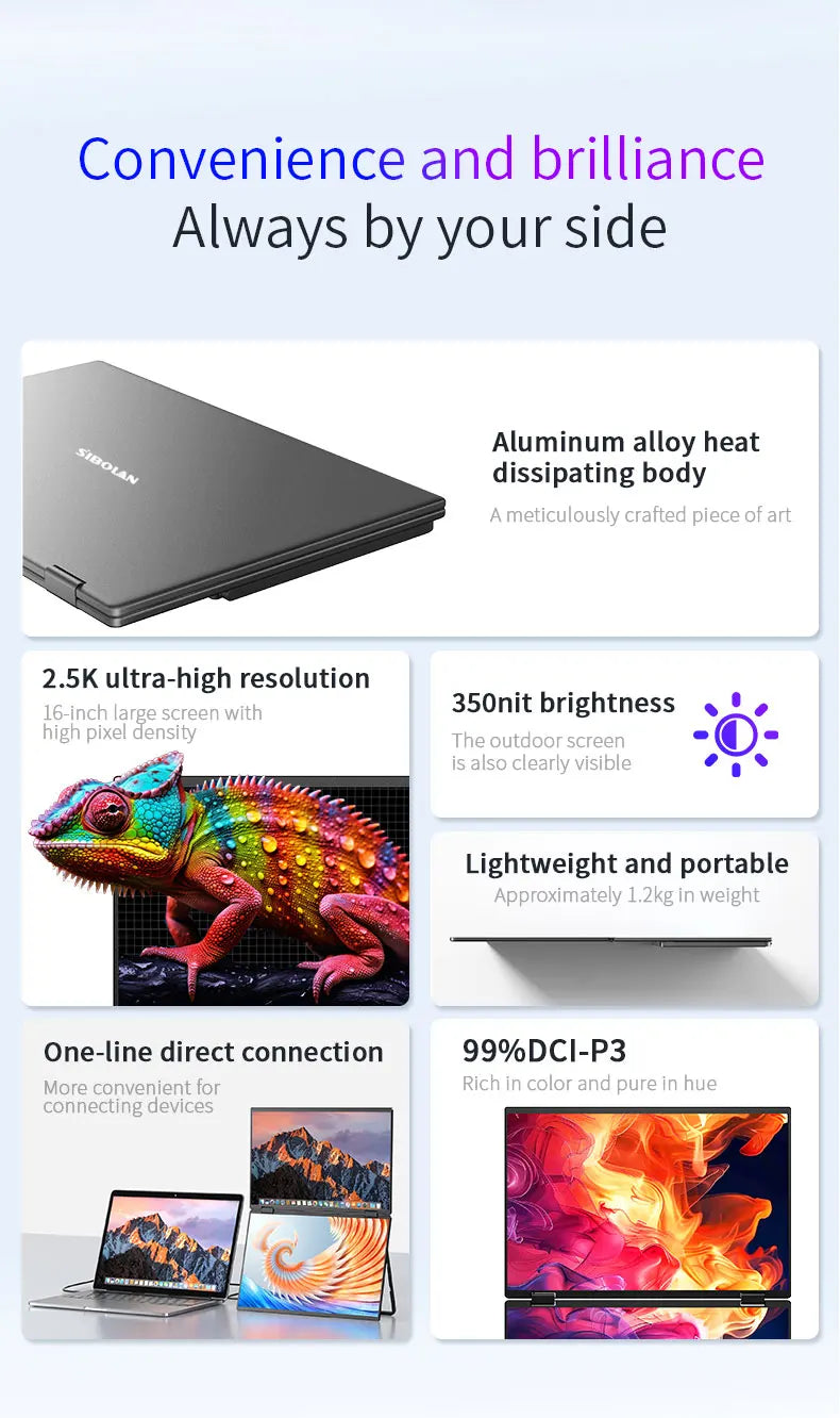 Sibolan 16 inch 2.5K Dual Screen Portable Monitor Laptop Foldable Extender 2560x1600P 60Hz USB-C HDMI Port For Gaming & Mac, Win - Limetastore