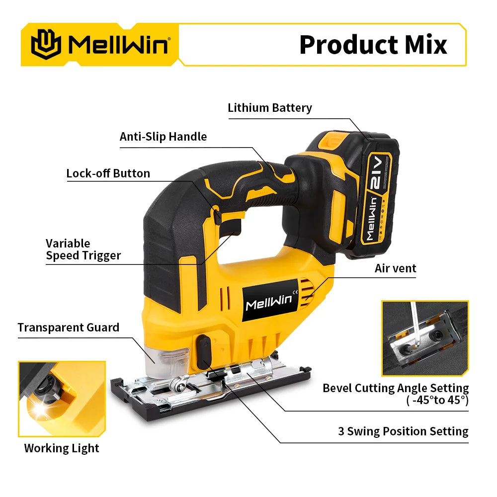 MELLWIN 3500RPM Cordless Electric JigSaw 31 Blade Wireless Curve Saw Multi-function Woodworking Tool For Makita 18V Battery Pin - Limetastore