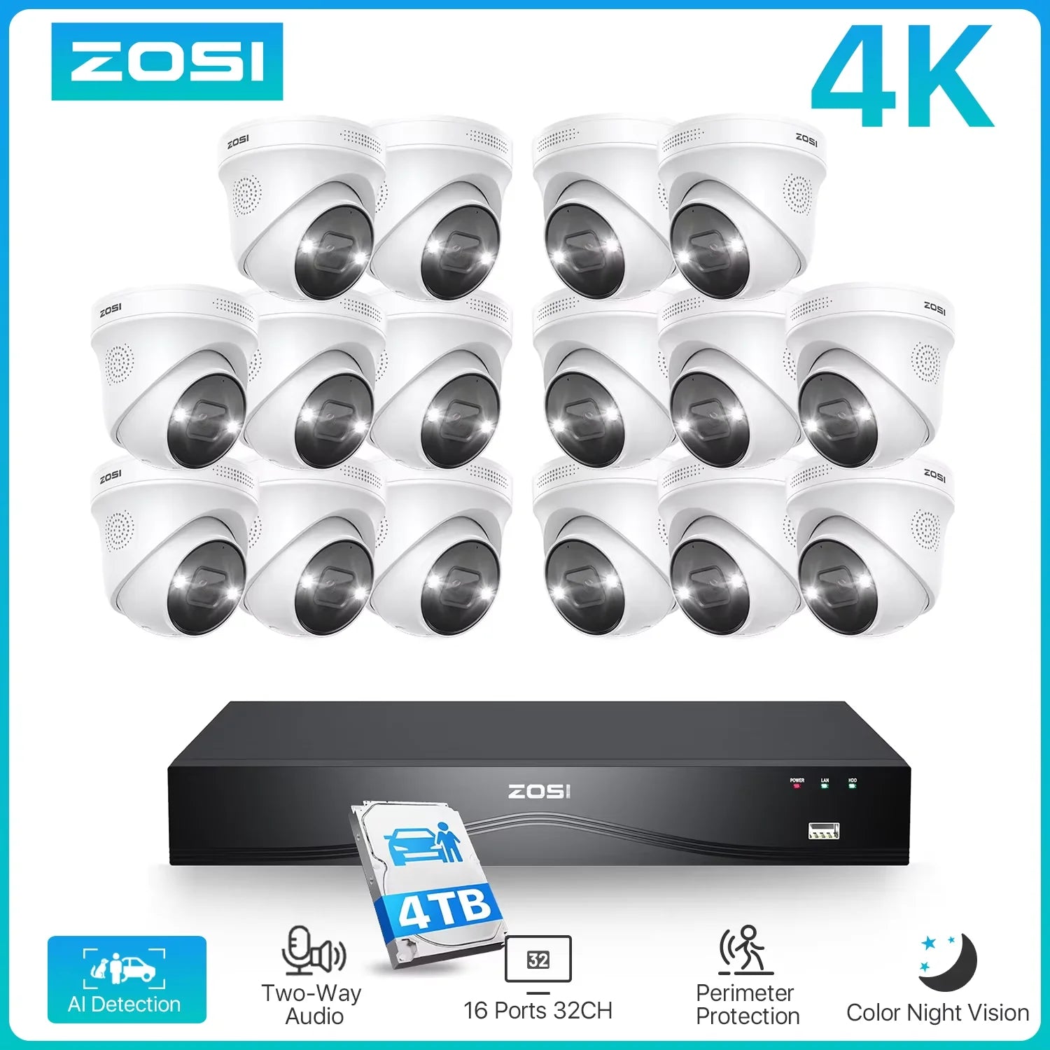 ZOSI 4K 8MP PoE Security Camera System – 32CH Dual‑Disk NVR with 4TB Storage | AI Detection